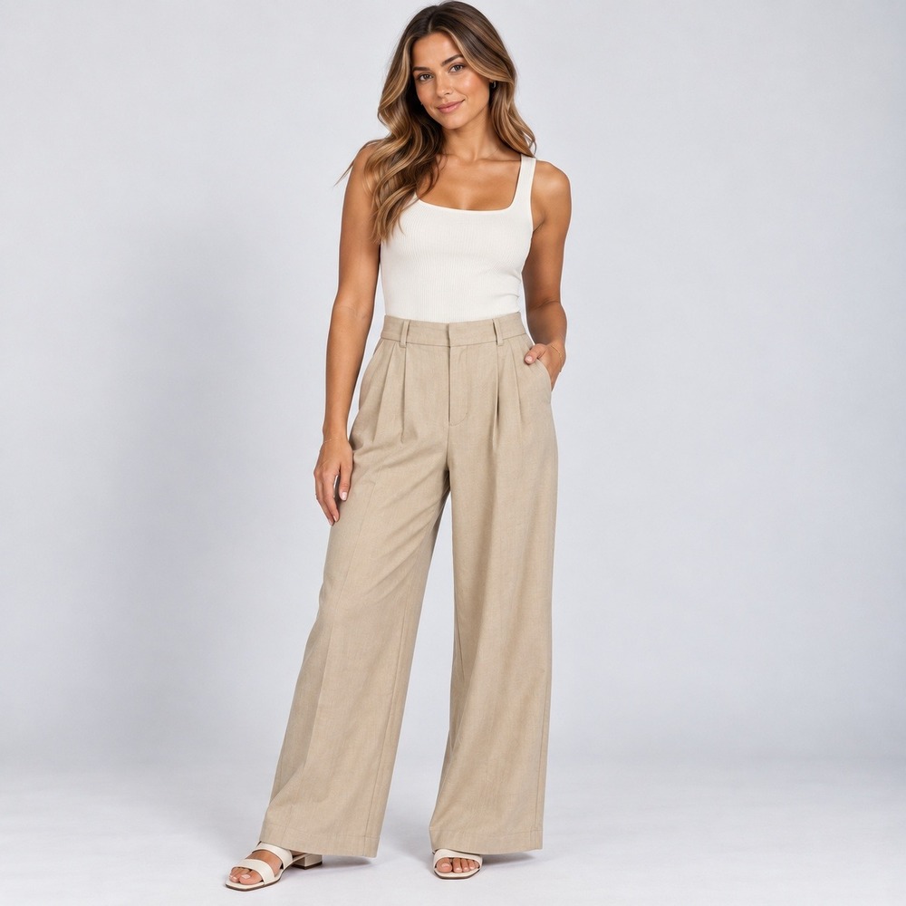 Abercrombie & Fitch Sloane Tailored Wide Leg Pants Beige Pleated Tan ML Long